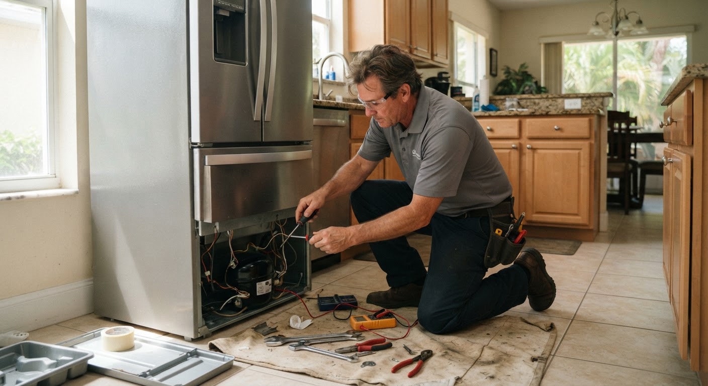 Appliance repair technician working in a Worcester, MA kitchen